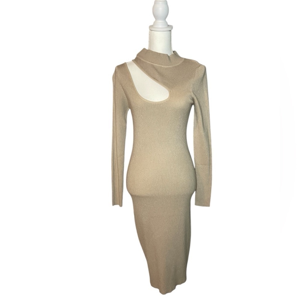 Simplee Medium Beige Cut Out Ribbed Bodycon Sweater Dress NWT